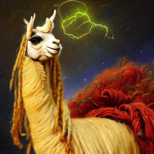 Prompt: detailed baroque portrait of a llama with dreadlocks, realistic creature concept, heroic pose, space nebula in background, Ilya Repin oil painting, by chriss foss, 4k, artstation