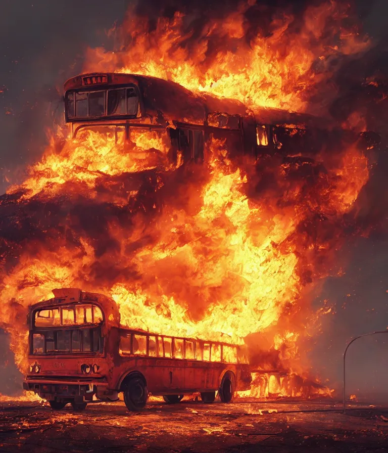 Image similar to a beautiful hyperrealistic detailed 3D render of a burning school bus, by Anton Otto Fischer, Atey Ghailan, genzoman, unreal engine, octane render, gigantic, 3D, brilliantly coloured, intricate, ultra wide angle, trending on artstation, embers, smoke, dust, dusk, volumetric lighting, HDR, polished, micro details, ray tracing, 8k
