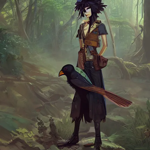 Image similar to concept art painting of a person with a head of a crow, with steampunk clothes, in the deep forest, realistic, detailed, cel shaded, in the style of makoto shinkai and greg rutkowski and james gurney