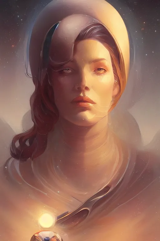 Prompt: stunning illustrated portrait of a beautiful woman from the Galaxy by peter mohrbacher, gcsociety, Boris Vallejo ,character concept, with a beautifully symmetrical face, trending on ArtStation, rule of thirds, trending on artstation, high quality print, fine art with subtle redshift rendering