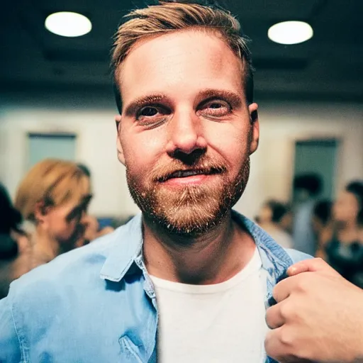Image similar to photo of a 3 2 year old white man living thinking he's living the best life possible. he looks young for his age. he is at a dance club, it's as if he were in a music video. young woman are flocking to him and can be seen dancing around him in a seductive manner.