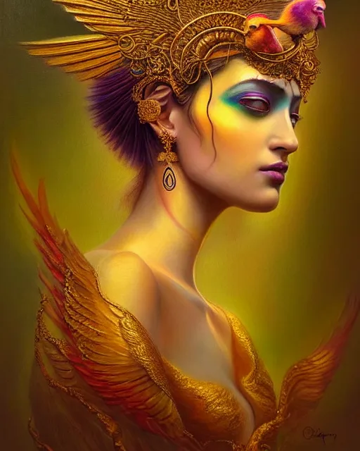 Prompt: portrait of the beautiful young goddess of birds, unusual beauty, etheric, outworldly colours, emotionally evoking symbolic metaphors, head in focus, fantasy, ornamental, intricate, elegant, highly detailed painting style photo, artstation, concept art, painterly, golden ratio, sharp focus, illustration, art by afarin sajedi,