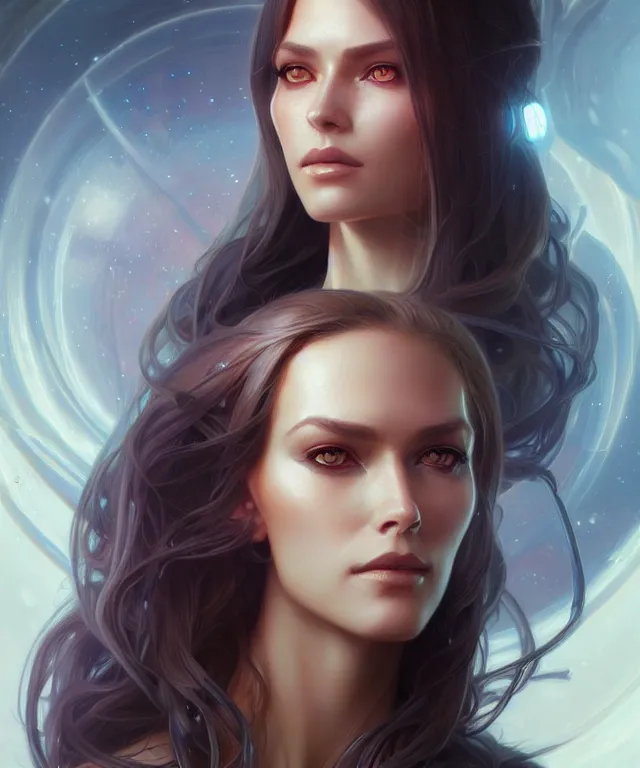 Image similar to futuristic woman portrait, sci-fi, amber eyes, face, long hair, fantasy, intricate, elegant, highly detailed, digital painting, artstation, concept art, smooth, sharp focus, illustration, art by artgerm and greg rutkowski and alphonse mucha