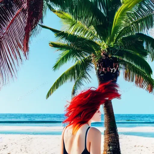 Image similar to red haired girl on beach with a palm tree