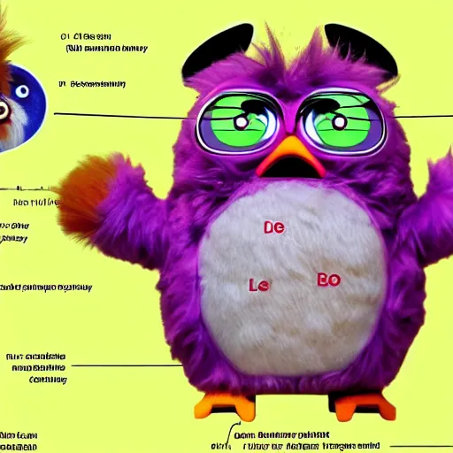 Prompt: anatomical diagram of a furby with labels and captions, medical textbook