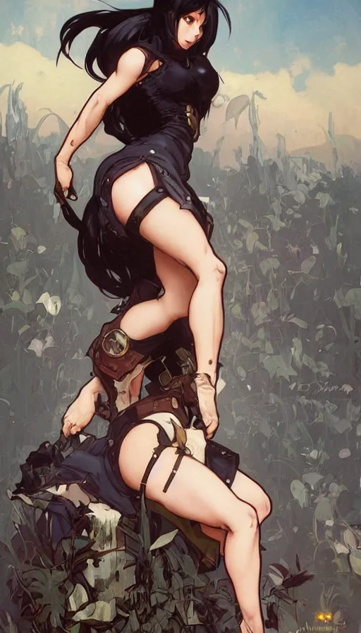 Image similar to tifa lockhart in a cute pinup pose by artgerm, greg rutkowski and alphonse mucha, concept art, matte, intricate, full body, epic composition