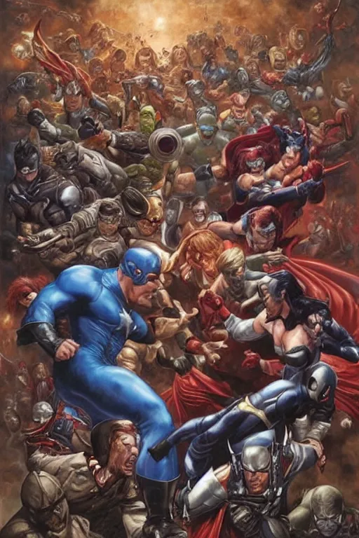 Prompt: super hero civil war battle. art by tomacz alen kopera and gaston bussiere and alex ross.