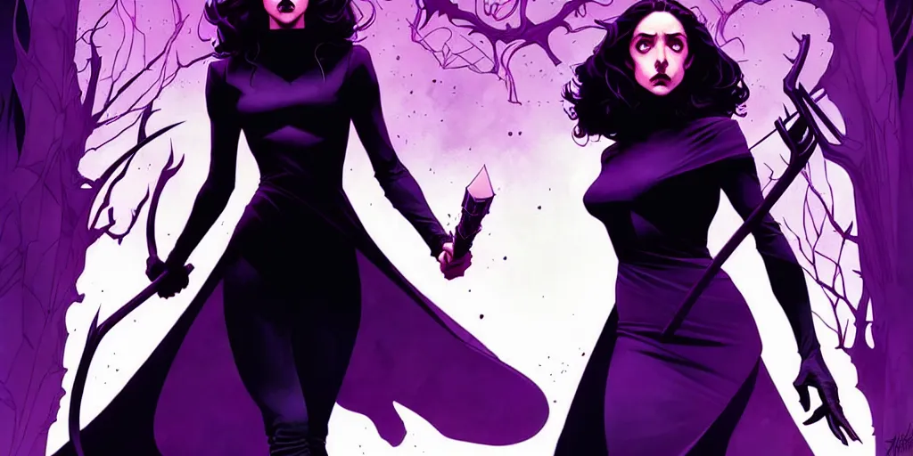 Prompt: rafael albuquerque comic cover art, artgerm, joshua middleton, pretty stella maeve witch doing black magic, serious look, purple dress, symmetrical eyes, symmetrical face, long black hair, full body, twisted evil dark forest in the background, cool colors