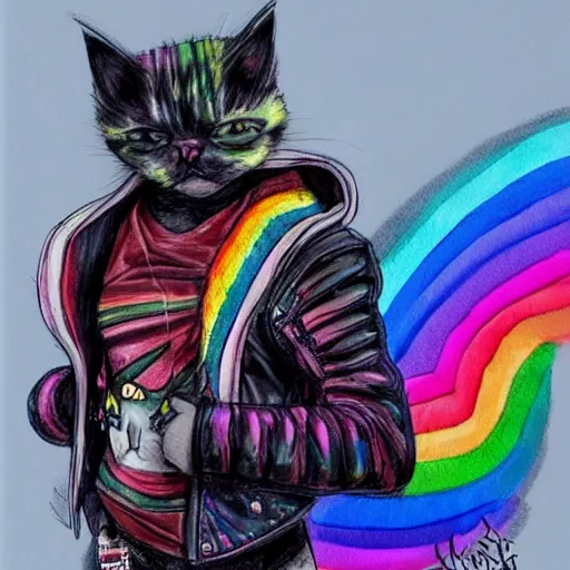 Image similar to wide angle full body, jacket wearing fluffy cute rainbow kitten wearing a black leather motorcycle jacket, concept art