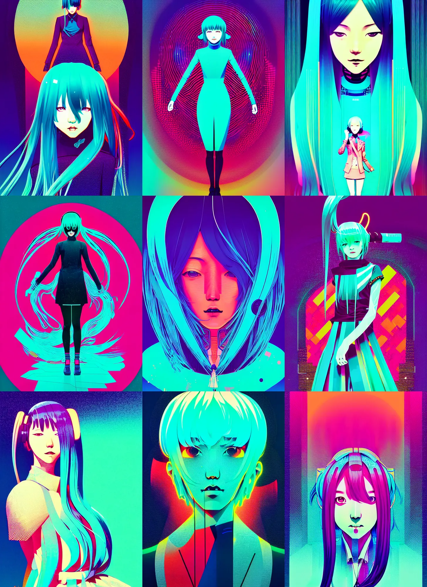 Prompt: ( ( dither ) ), editorial illustration portrait of hatsune miku, dynamic pose, modern art deco, colorful, ( ( mads berg ) ), christopher balaskas, victo ngai, rich grainy texture, detailed, dynamic composition, wide angle, moebius, matte print, glitch art, anime visual