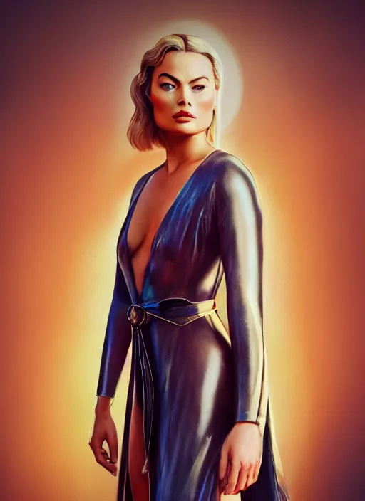 Prompt: Liang Huatao detailed Illustration of gorgeous Margot Robbie in a Solarpunk leather robe, accurate anatomy, abstract sun in background, shiny soft skin, soft lighting, sharp details, warm colors, studio portrait, 35 mm film, subsurface scattering, lens flare
