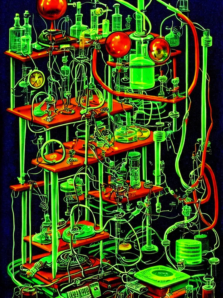 Prompt: Vibrant Colorful Vintage Horror Illustration of a Mad Scientist Experiment Medical Equipment Audio Gear Poisonous Laboratory. Glowing , Spooky lighting , Pinterest