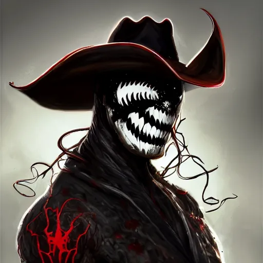 Prompt: a portrait of symbiote carnage with a cowboy hat on with an American flag scarf, D&D, sci-fi, elegant, hopeful, muscular, highly detailed, digital painting, artstation, concept art, smooth, sharp focus, illustration