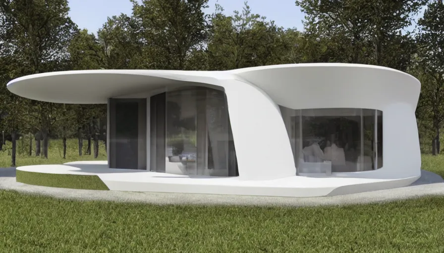 Prompt: A wide image of a full innovative contemporary 3D printed prefab cabin with rounded corners, beveled edges, made of cement, organic architecture, Designed by Gucci, Balenciaga, and Wes Anderson