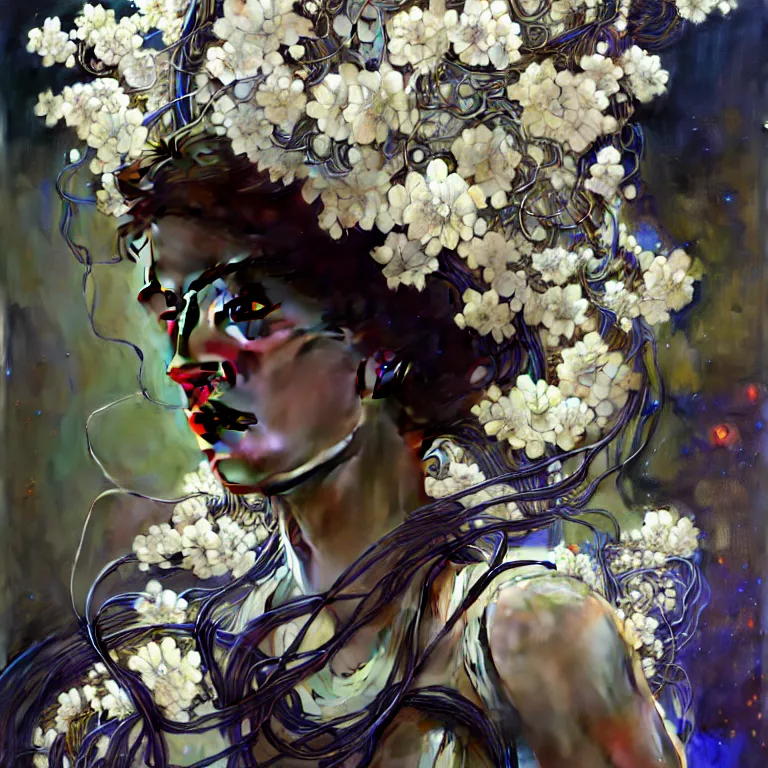 Image similar to hyperrealist portrait of a 2 0 4 4 space sport engineer, it is decorated with long wires and white flowers that fall like vines and wears a huge computer crown. by jeremy mann and alphonse mucha, fantasy art, photo realistic, dynamic lighting, artstation, poster, volumetric lighting, very detailed faces, 4 k, award winning