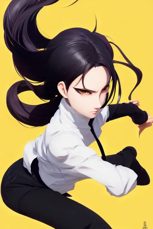 Image similar to black ponytail hair, pale woman in a black zipper jacket, yellow eyes, by artgerm, hair tied in a ponytail, white backdrop, soft lighting, fighting pose, dynamic angle, by greg rutkowski makoto shinkai takashi takeuchi