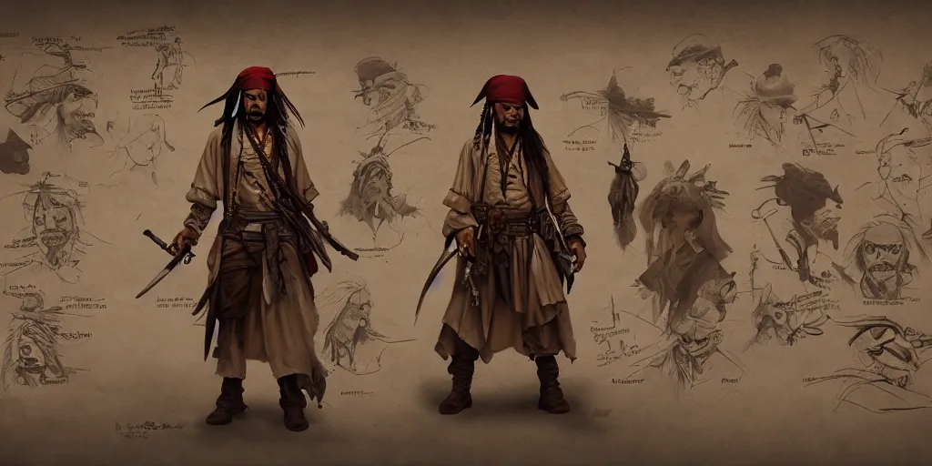 Image similar to jack sparrow, character sheet, concept design, contrast, kim jung gi, greg rutkowski, zabrocki, karlkka, jayison devadas, trending on artstation, 8 k, ultra wide angle, pincushion lens effect