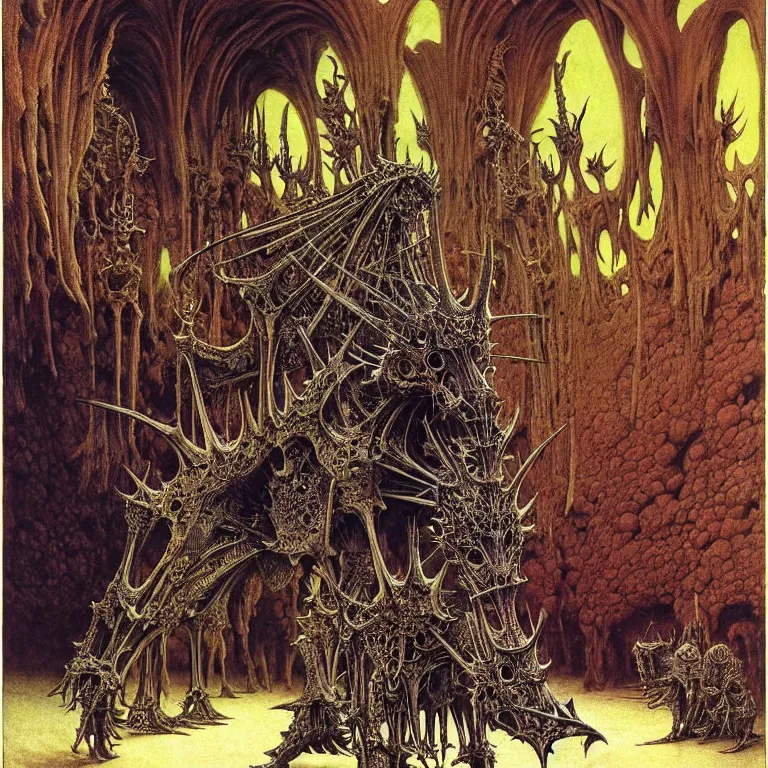 Prompt: A little vibrant. A spiked horned detailed capybara skeleton with armored joints stands in a large cavernous throne room. Extremely high details, realistic, fantasy art, solo, masterpiece, bones, ripped flesh, colorful art by Zdzisław Beksiński, Arthur Rackham, Dariusz Zawadzki, Harry Clarke