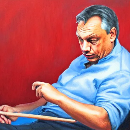 Image similar to viktor orban knitting, oil painting