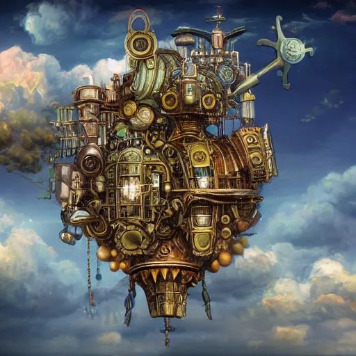 Prompt: flying city in a mechanical flower, clouds, sky, fantasy art, steampunk, masterpiece