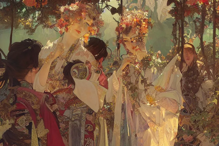 Image similar to a beautiful realistic painting of a festival at koyasan, intricate, elegant, highly detailed, digital painting, artstation, concept art, by krenz cushart and artem demura and alphonse mucha