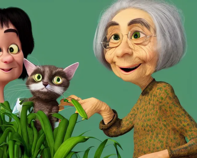 Image similar to detailed cartoon portrait of an old lady and her plant cat, pixar, sharp high quality