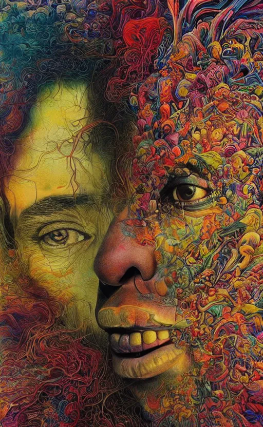 Image similar to colour masterpiece surreal closeup portrait photography of bob marley by miho hirano and annie leibovitz and michael cheval, weird surreal epic psychedelic complex biomorphic 3 d fractal landscape in background by kilian eng and roger dean and salvador dali and beksinski, 8 k