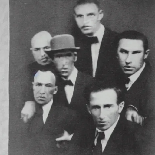 Prompt: gang of 5 men, highly detailed face, gangster style photograph