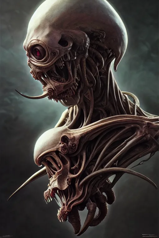 Image similar to ultra realistic, human alien predator hybrid, gothic, fantasy, flesh, bone, body horror, intricate details, eerie, highly detailed, octane render, 8 k, art by artgerm and alphonse mucha and greg rutkowski