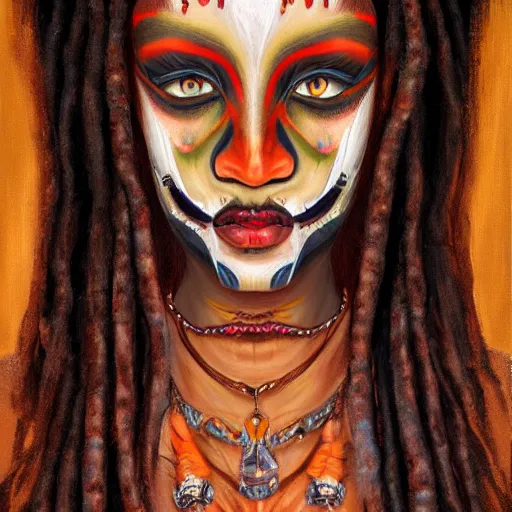 Image similar to a symmetrical portrait of a voodoo witch, oil painting, pale colors, high detail, 8 k, wide angle, trending on artstation,