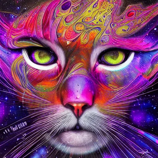 Image similar to a galaxy colored psychedelic chakra awakening kundalini ethereal portrait of a cat, eternal blessing, multiverse, by android jones, by ben ridgeway, visionary art, by artgerm, featured on artstation, cgsociety, by greg rutkowski