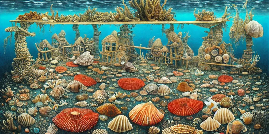 Image similar to underwater city inside!! the seashell, seaweed, corals, carps, koi fish, small scandinavian!!! houses, little people!!!, by jacek yerka by levitan, surrealistic painting, masterpiece, oil painting, sharp focus, highly detailed, intricate, smooth, 8 k,