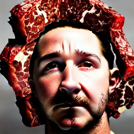 Image similar to uhd photorealistic shia labeouf made out of pieces of beef. photo by annie leibowitz