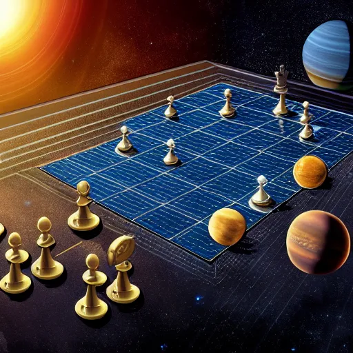 Image similar to a solar system layout like a chessboard, highly detailed digital art but as photography, marvel cinematic, 4 k, studio lighting, wide angle shot, panoramic