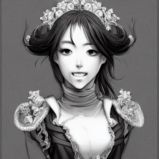 Image similar to a woman smiling, baroque style, elegant, beautiful, mesmerizing, concept art, fancy clothing, highly detailed, artstation, behance, deviantart, inspired by innocent manga, trending, shinichi sakamoto