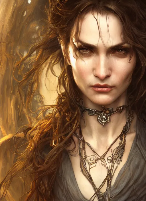 Image similar to close up portrait of a ruggedly handsome female witch, soft hair, muscular, half body, leather, hairy, d & d, fantasy, intricate, elegant, highly detailed, digital painting, artstation, concept art, smooth, sharp focus, illustration, art by artgerm and greg rutkowski and alphonse mucha