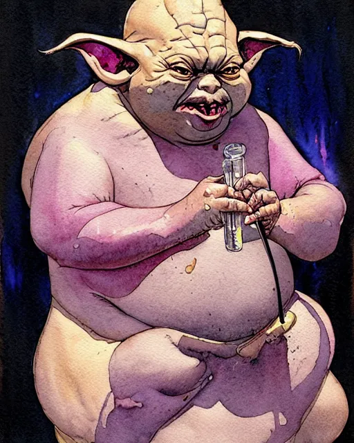 Image similar to a realistic and atmospheric watercolour fantasy character concept art portrait of a fat dirty yoda smoking a bong with pink eyes wearing a wife beater. by rebecca guay, michael kaluta, charles vess and jean moebius giraud