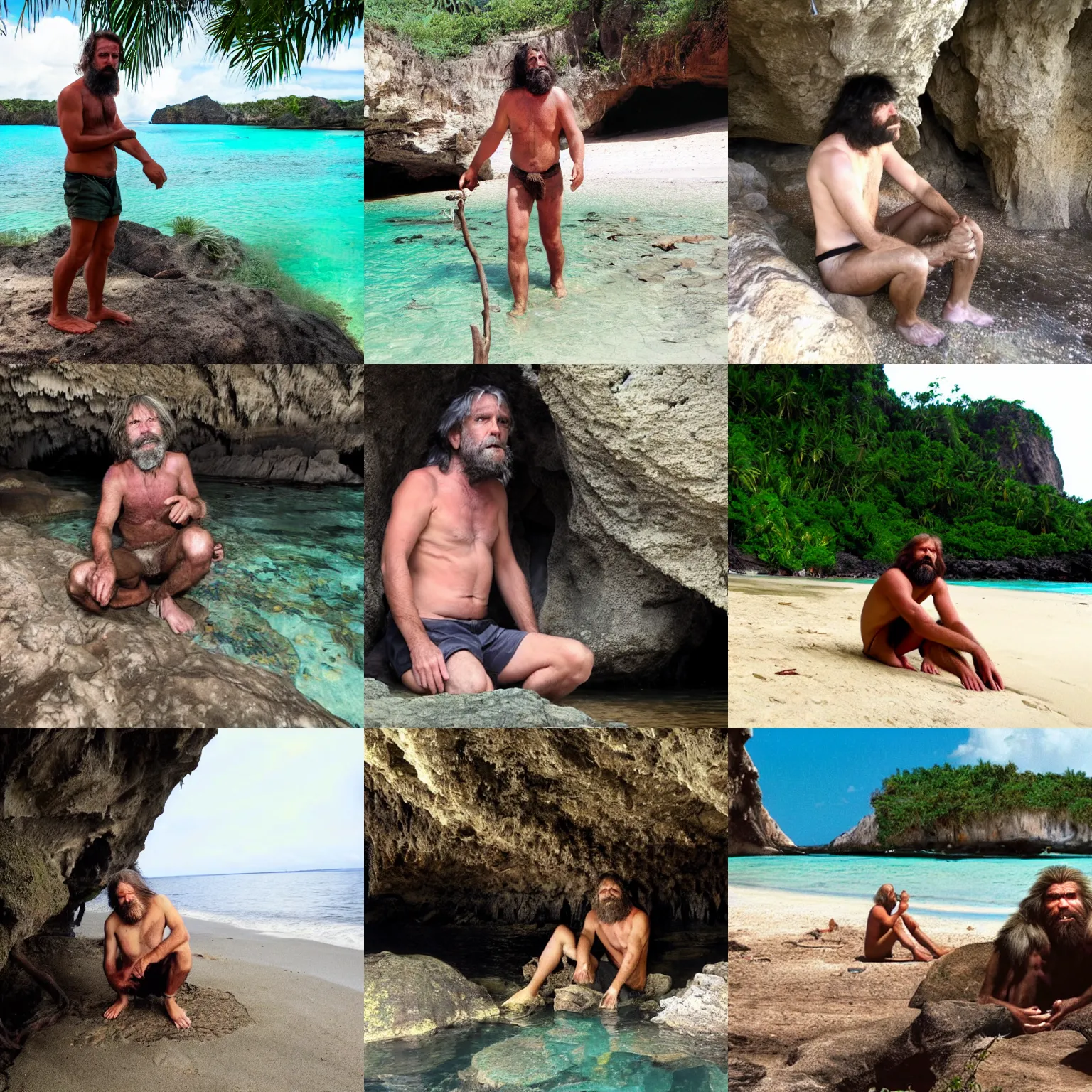 Prompt: cave man stranded on tropical island