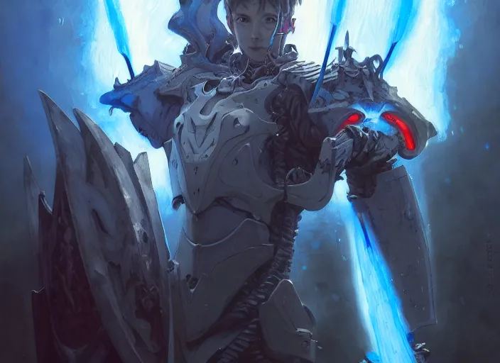 Image similar to character design digital 2 d man viking cape evangelion cyborg blue armor sword of fire by gaston bussiere, anna nikonova aka newmilky, greg rutkowski, yoji shinkawa, yoshitaka amano, tsutomu nihei, muira, moebius, donato giancola, trending on artstation, featured on pixiv