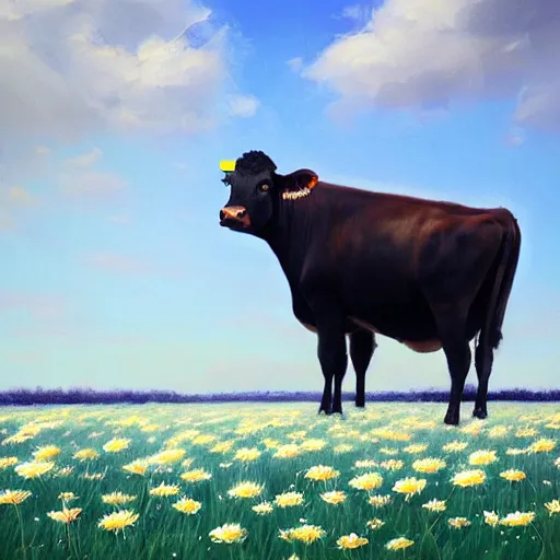 Image similar to Hyper realistic oil painting of a cow standing in the middle of a field of daisies, blue sky, high contrast, by greg rutkowski, trending on artstation