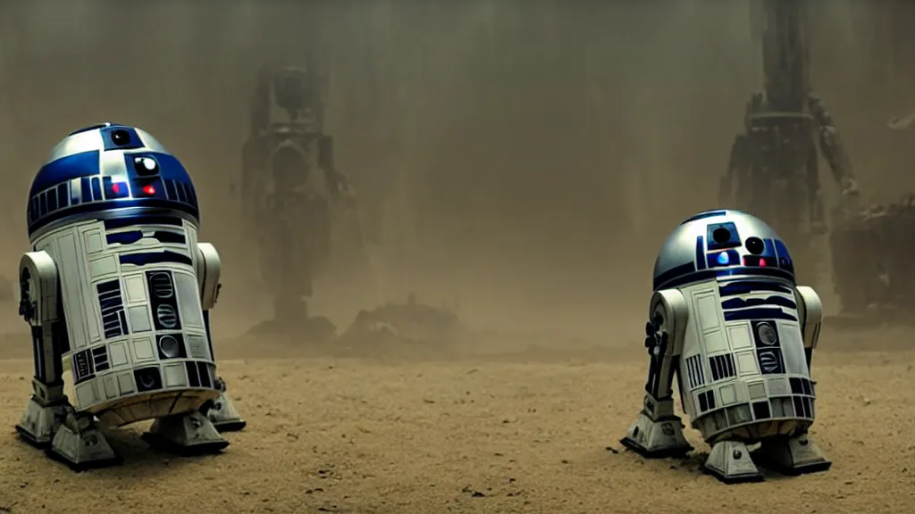 Image similar to r 2 d 2 as an eldritch horror, film still from the movie directed by denis villeneuve with art direction by salvador dali, wide lens