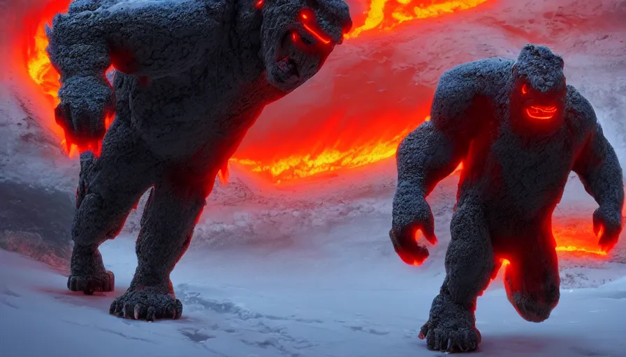 Image similar to Lava monster walking in the snow, hyperdetailed, artstation, cgsociety, 8k