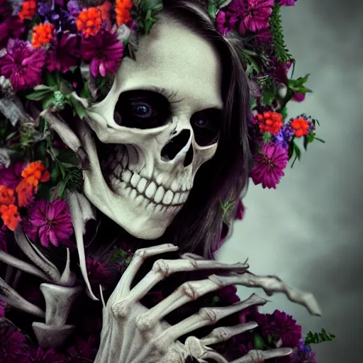 Image similar to cinematic shot epic portrait skeleton wearing a dark robe covered in flowers, hyper realistic, mood lighting, fantasy, detailed face, highly detailed, super realistic, perfect lighting pixel sorting