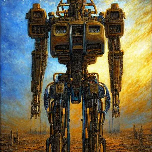 Image similar to mecha centaur, atmospheric lighting, painted, intricate, golden and blue hour, ultra detailed by peter gric, giger, enki bilal