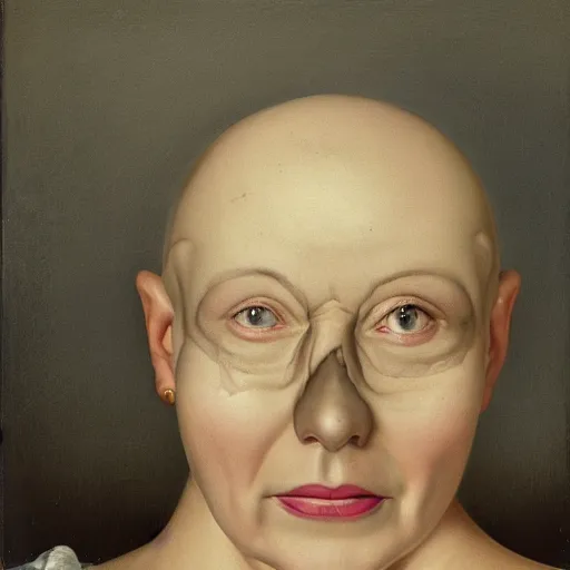 Prompt: highly detailed photo portrait of a bald woman winking with the rear of her skull missing and caved in to the middle