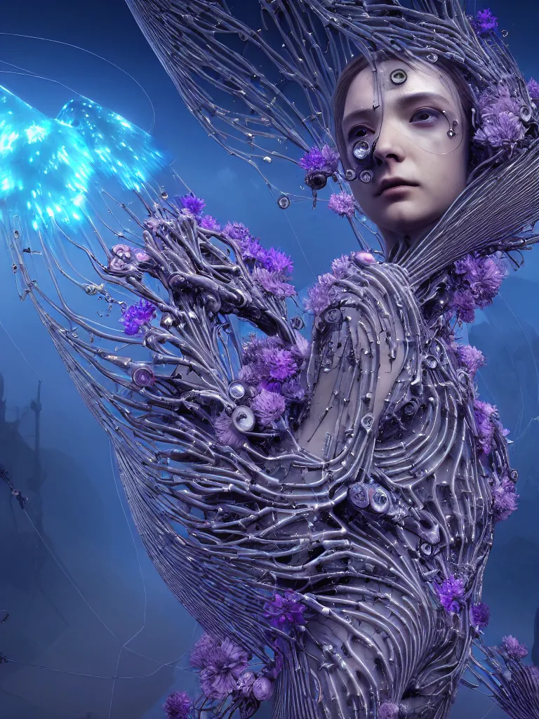 Image similar to futuristic ai cult, ethereal biomech race, deep quantum design, wings, flowers, wires and veins, ferrofluid, bismuth, city, unsettling, heartbreaking and enthralling, style blend of hideo kojima, shojo manga, mobius and botticelli, 4 k photorealistic, ultra fine inklines