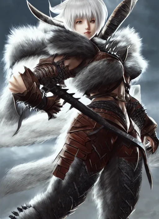 Image similar to warrior, fur - lined heavy armor!!! beautiful and athletic white hair female!! monster hunter!! character concept art, sharp focus, octane render! unreal engine 5! highly rendered!! trending on artstation!! detailed linework!! illustration by artgerm, wlop, and chie yoshii