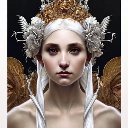 Image similar to a portrait of the bone queen, intricate, elegant, highly detailed, digital painting, crown of skulls, artstation, concept art, smooth, sharp focus, illustration, art by artgerm and greg rutkowski and alphonse mucha and william - adolphe bouguereau