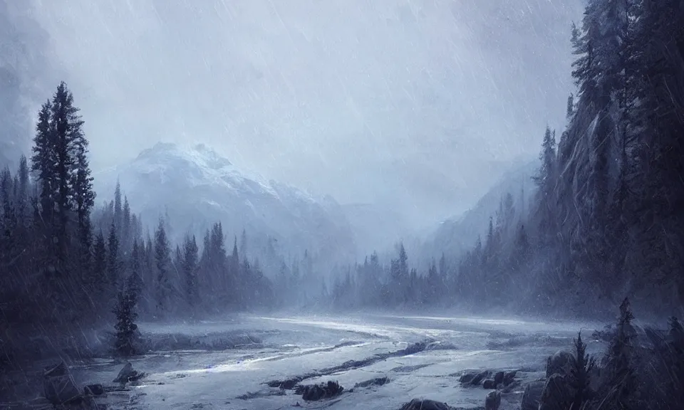 Prompt: when it's raining, a cold - looking sky with an icy river, mountains, and forest, digital painting, greg rutkowski, artstation, simon stalenhag, cinematic lighting, highly detailed