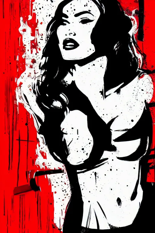 Prompt: dream of a film still from sin city, closeup portrait of film noir angry megan fox private detective wearing a hat, detailed illustration, digital art, trending on artstation, frank miller, martin ansin, action movie poster, dripping paint, red on black, graffiti, gta v,